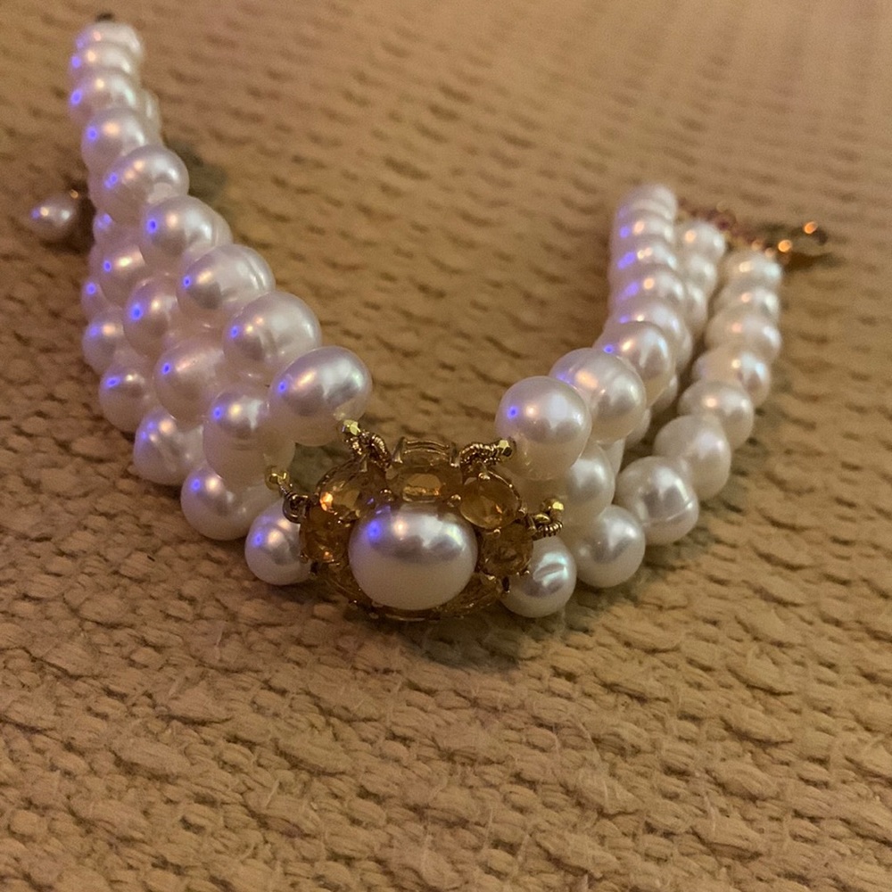 Pearl and Citrine and Ruby Bracelet.  Three row pearl and Citrine Bracelet.